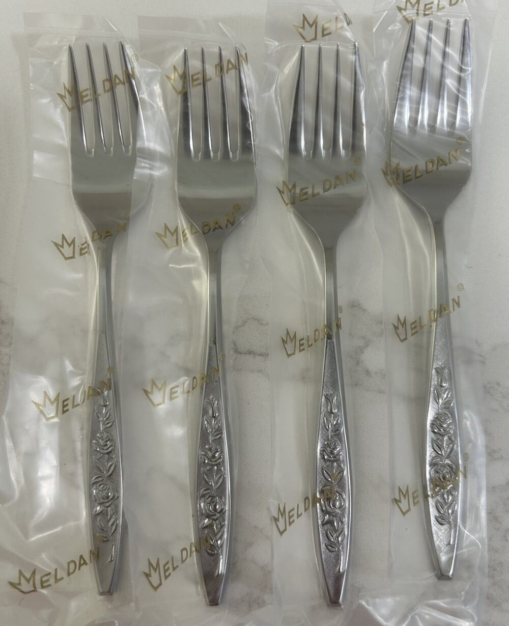 NEW Eldan ELD18 Set Of 4 Salad Forks MAY ROSE Textured Roses Stainless Vtg MCM